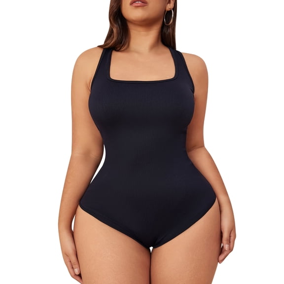 Athlemo Plus size Women's Bodysuits Sexy Ribbed Square Neck Sleeveless Tops Basic Bodysuits 