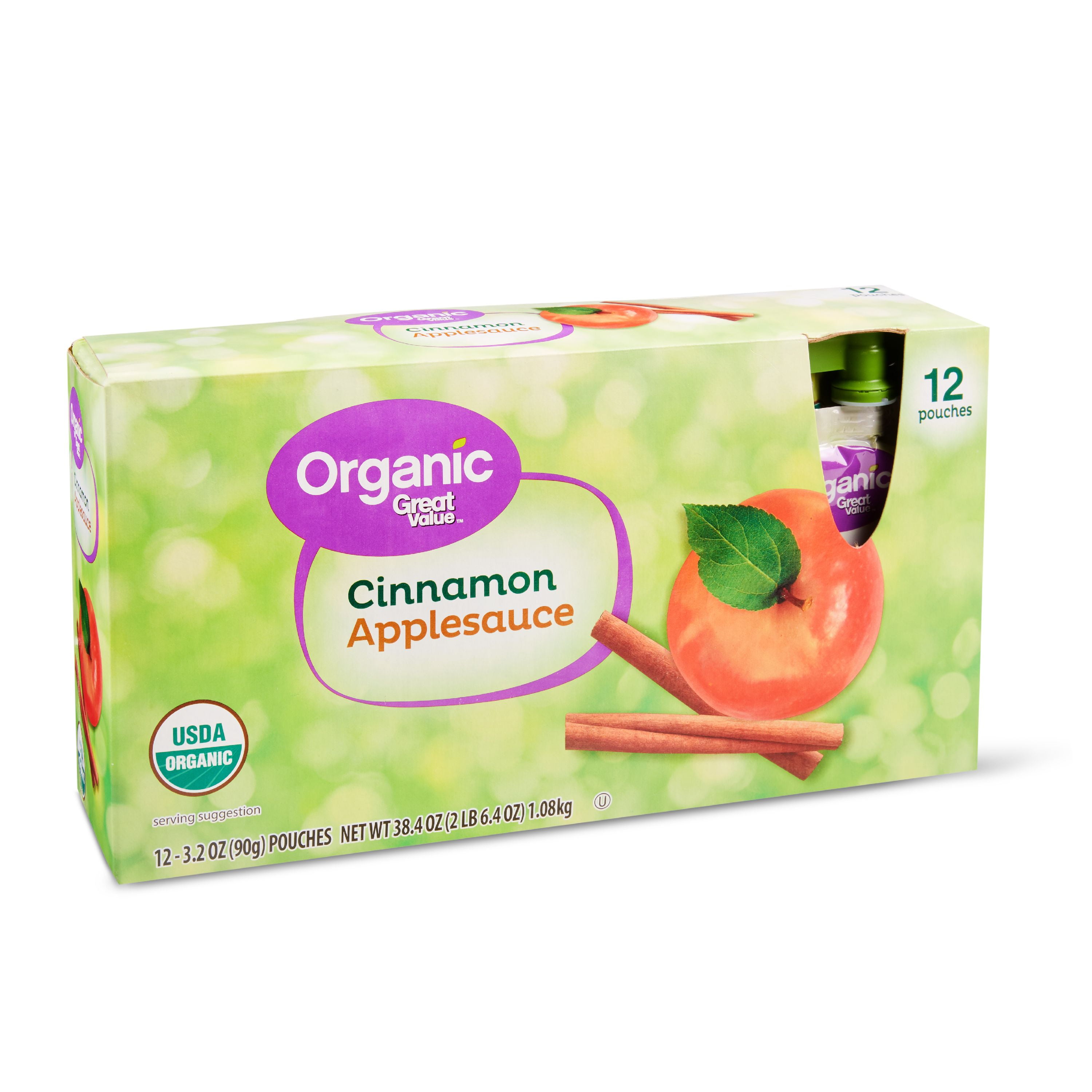 (12 Pack) Great Value Organic Cinnamon Applesauce Pouches, 3.2 oz, 12