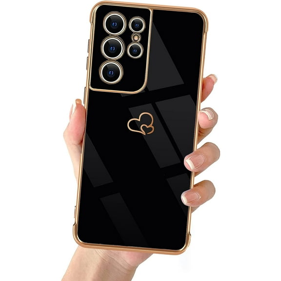 Compatible with Samsung Galaxy S21 Ultra Case with Love Heart Pattern,Soft TPU Cute Plating Side Small Pattern Raised Reinforced Corners Case for Samsung Galaxy S21 Ultra Women Girls(Black)