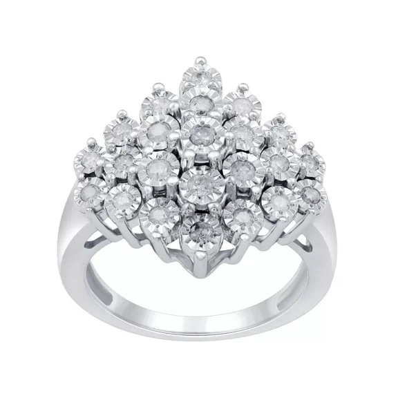Womens Dome Diamond Ring, Illusion Set Diamond Engagement Ring, Cluster Diamond Ring, 14K White Gold Plated, 2.3 Ct Simulated Diamond