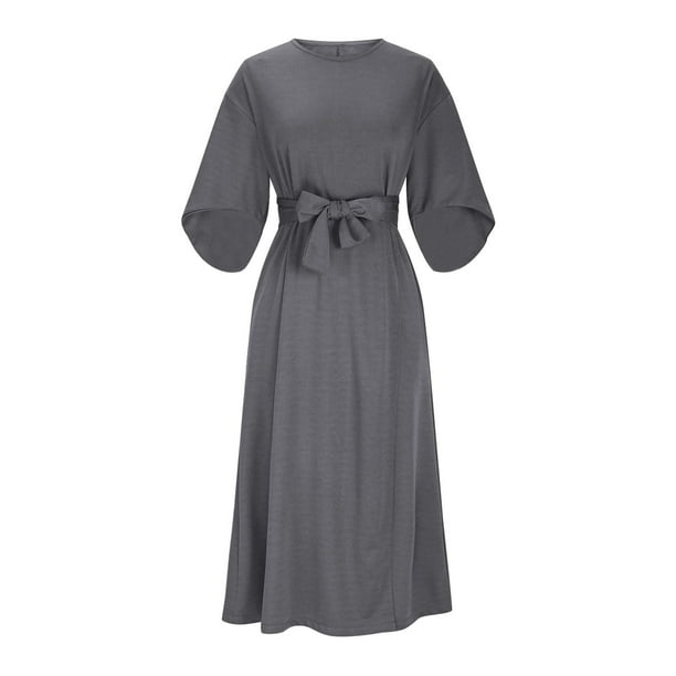 mfyjkho Vestidos de tallas grandes, Vestido informal de manga larga con cuello redondo y color liso para mujer Vestidos para invitadas de boda para mujer s