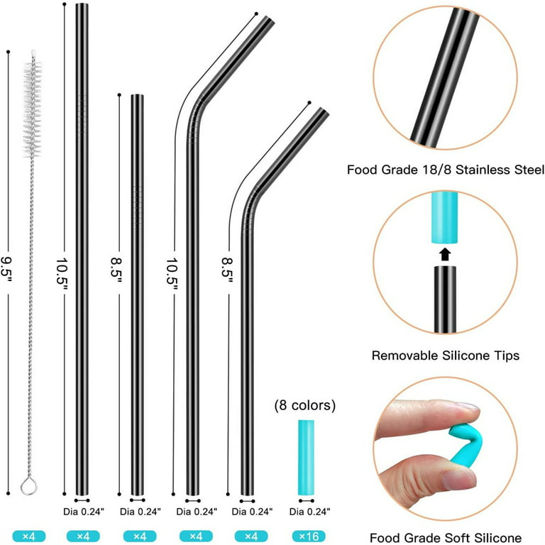 20 Pcs Black Reusable Stainless Steel Straws,10.5 & 8.5 Reusable