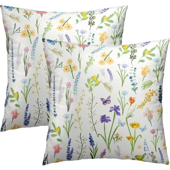 Wildflower Throw Pillow Covers 16x16 Inch Set of 2, Colorful Floral Leaves Summer Seasonal Decorative Pillowcase Square Couch Cushion Cover for Living Room Bedding Sofa Decor
