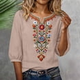 thumbnail image 6 of Favoffer Women's Washed Crinkle Linen Blend Shirt Boho Plus Size Embroidered Tunic 3/4 Sleeve V Neck Loose Peasant Top Elegant Summer Daily Travel Party Blouse, 6 of 7