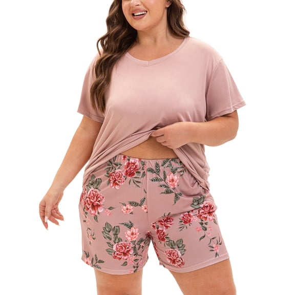 MUKVIK Plus Size Pajamas for Women Set, 2 Piece Womens Plus Size Short Sleeve V Neck Top and Shorts Pajama Sets with Pockets(Floral Brown 1,3X)