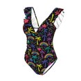 thumbnail image 4 of Yiaed Colorful Palms Print Women's Ruffled One Piece Swimsuit V Neck Swimwear Slimming Monokini for Woman-Small, 4 of 8