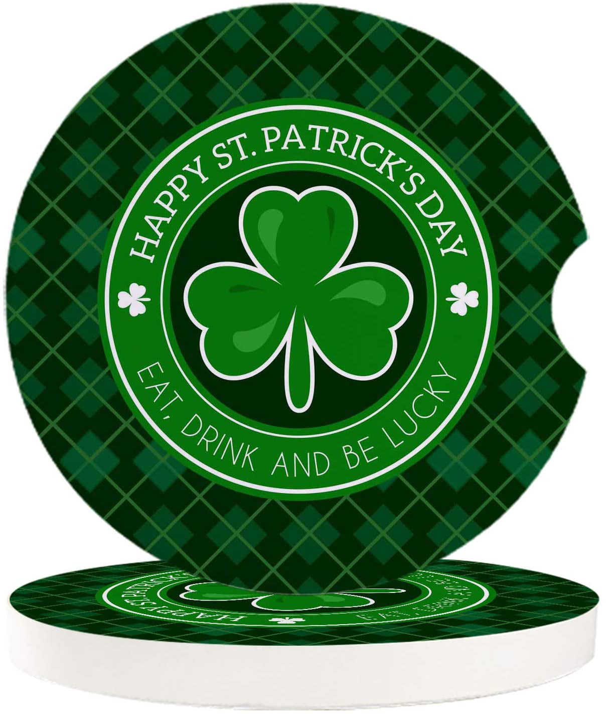 Patrick's Day 2 Pack Cup Holders Car Coasters for Women/Men YOUNGKIDS St Shamrock Plaid Absorbent Ceramic Stone Drinks Coaster Set Green Buffalo Check 