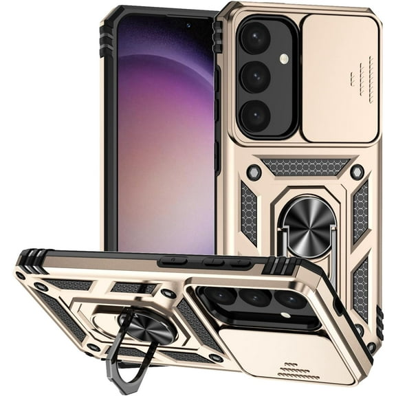 KOMI for Samsung Galaxy S25 Plus Case Heavy Duty with Metal Ring Stand & Slide Camera Cover for Samsung S25 Plus Case Silicone&PC Military Grade Protective Rugged Hard Phone Case (Gold)