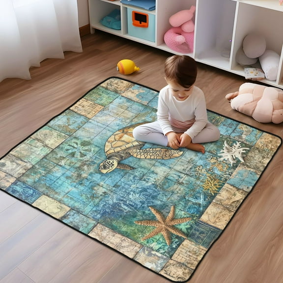 WOBOGO Turtle Coral Figure Baby Playmats Extra Large Waterproof Rollable Activity Pads for Toddlers 50×50inch