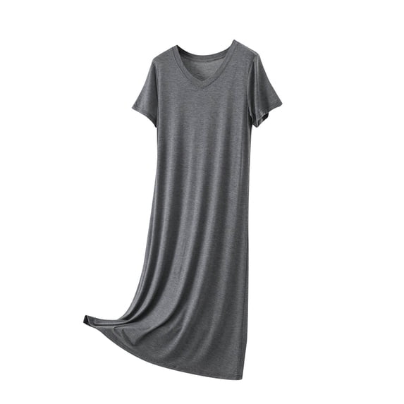 Dolkfu Outdoor Women Clothing V-Neck Long Gray Short Sleeve Dresses Modern Minimalist Modal Relaxed Fit Solid Shift Dresses Dark Gray,M