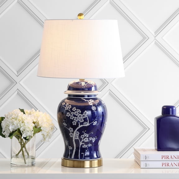 JONATHAN Y Gracie 29.5" Traditional Cottage Ceramic/Metal Ginger Jar LED Table Lamp, White/Navy, JYL3047A