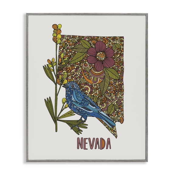 Stupell Industries Eclectic Nevada Bluebird State Flower Intricate Botanical Pattern Gray Framed Giclee Art, 11 x 14, by Valentina Harper