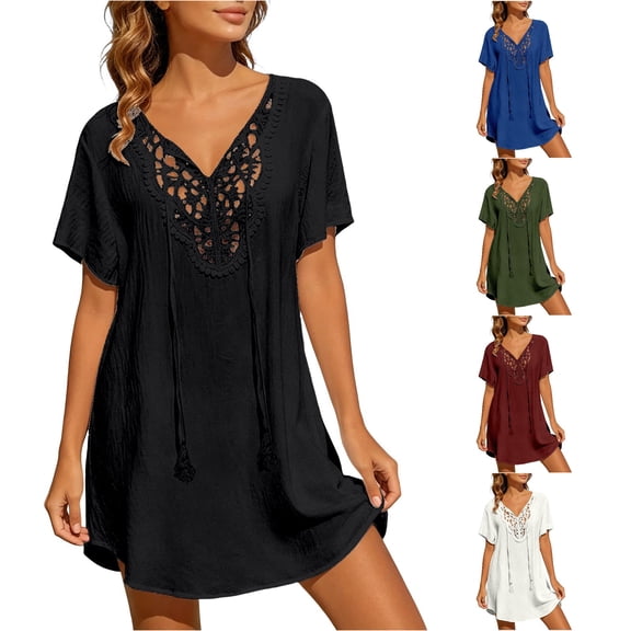 XIAONU Women's Loose Fit Beach Cover Up Short Sleeve Summer Swim Cover Dress