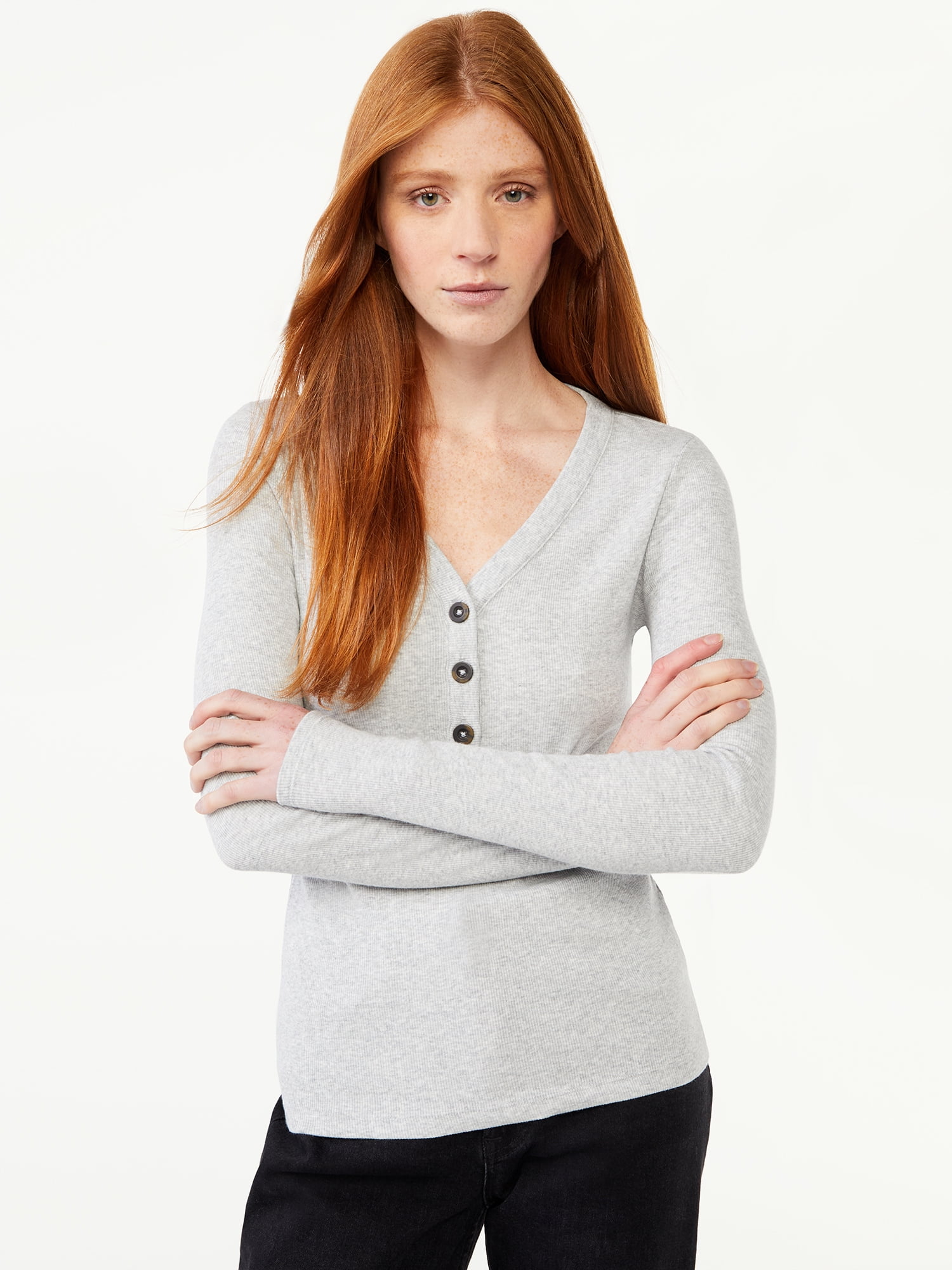 Free Assembly Women's Ribbed Henley Tee with Long Sleeves