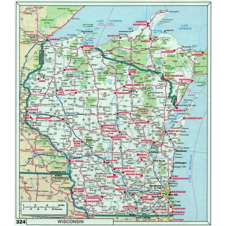 Laminated Map - Large detailed roads and highways map of Wisconsin state with national parks and cities Poster 24 x