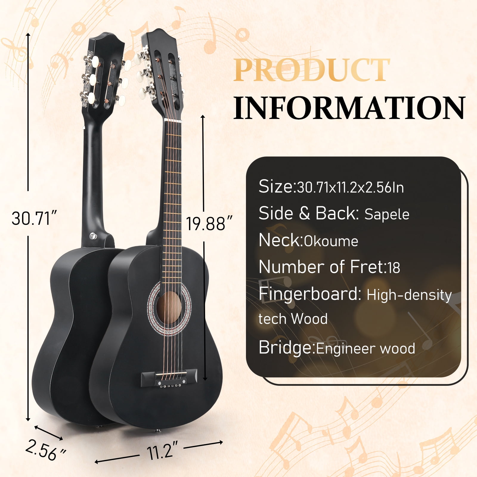 Ktaxon 30in Beginner Round Acoustic Guitar Starter Kit with Bag, Tuner, Extra Strings, Matte Black
