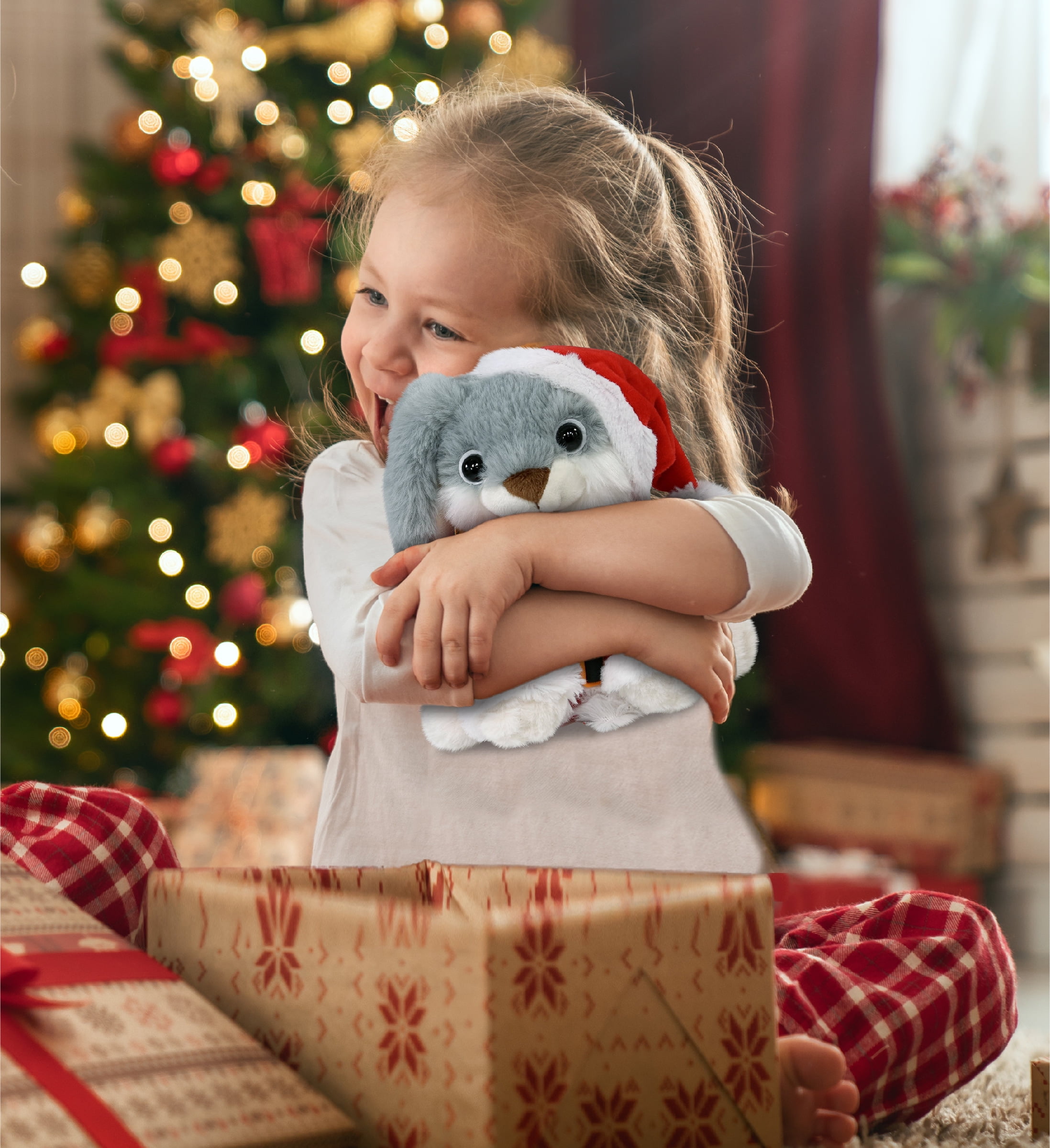 DolliBu Santa Grey Rabbit Stuffed Animal Plush Toy - Super Soft Dress Up with Red Santa Claus Outfit, Cute Farm Life Animal Rabbit Gift Perfect Holiday Christmas Gift - 7 Inches