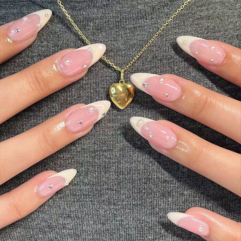 24Pcs Long Almond Fake Nails with White Edge Design Wearable French Press on False Nails Simple Full Cover Nail Tips Manicure