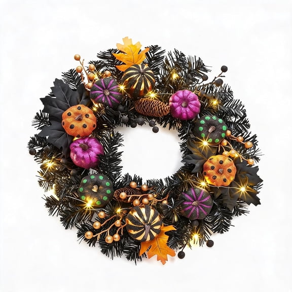 LinTimes Halloween Pumpkin Wreath 20 Inch with 20 Copper Wire Lights | PVC Maple Leaf Wreath Yellow Black for Front Door Indoor Halloween Decorations