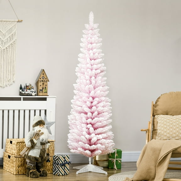 HOMCOM 6' Snow Flocked Artificial Pencil Christmas Tree, Slim Xmas Tree with Realistic Branches and Plastic Base Stand for Indoor Decoration, Pink
