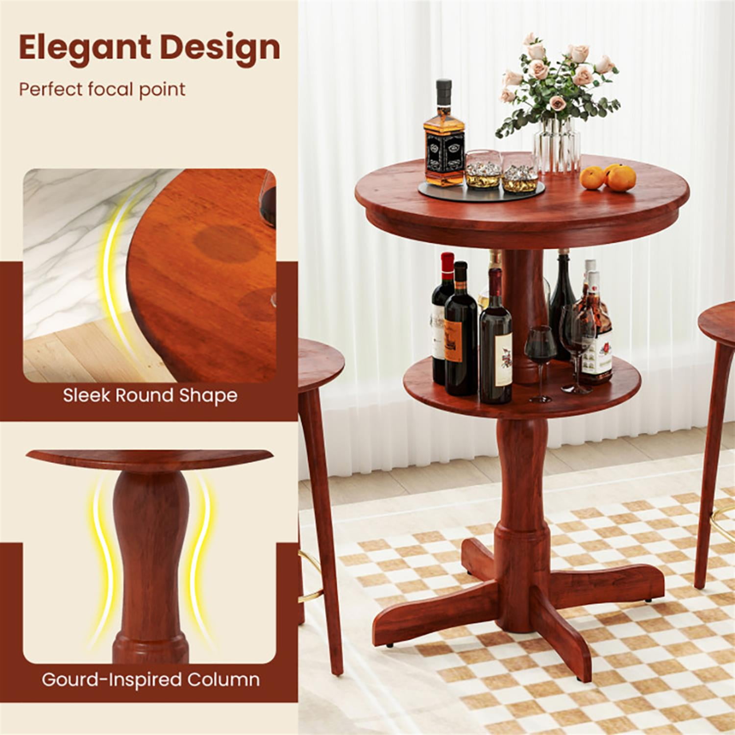 Demi Bonn 29" Pub Table, 2-Tier Round High Top Bar Table with Storage Shelf and Pedestal Base, Perfect for Small Space, Brown