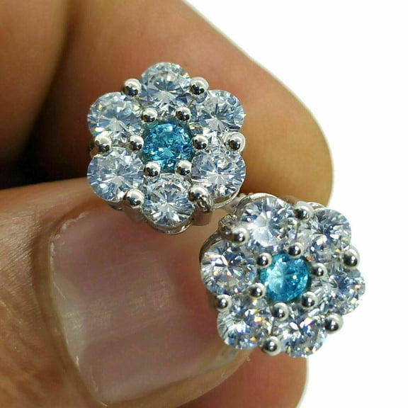New Flower Shape 2Ct Round Cut Lab Created Blue Topaz Cluster Stud Earrings 14K White Gold Finish Silver