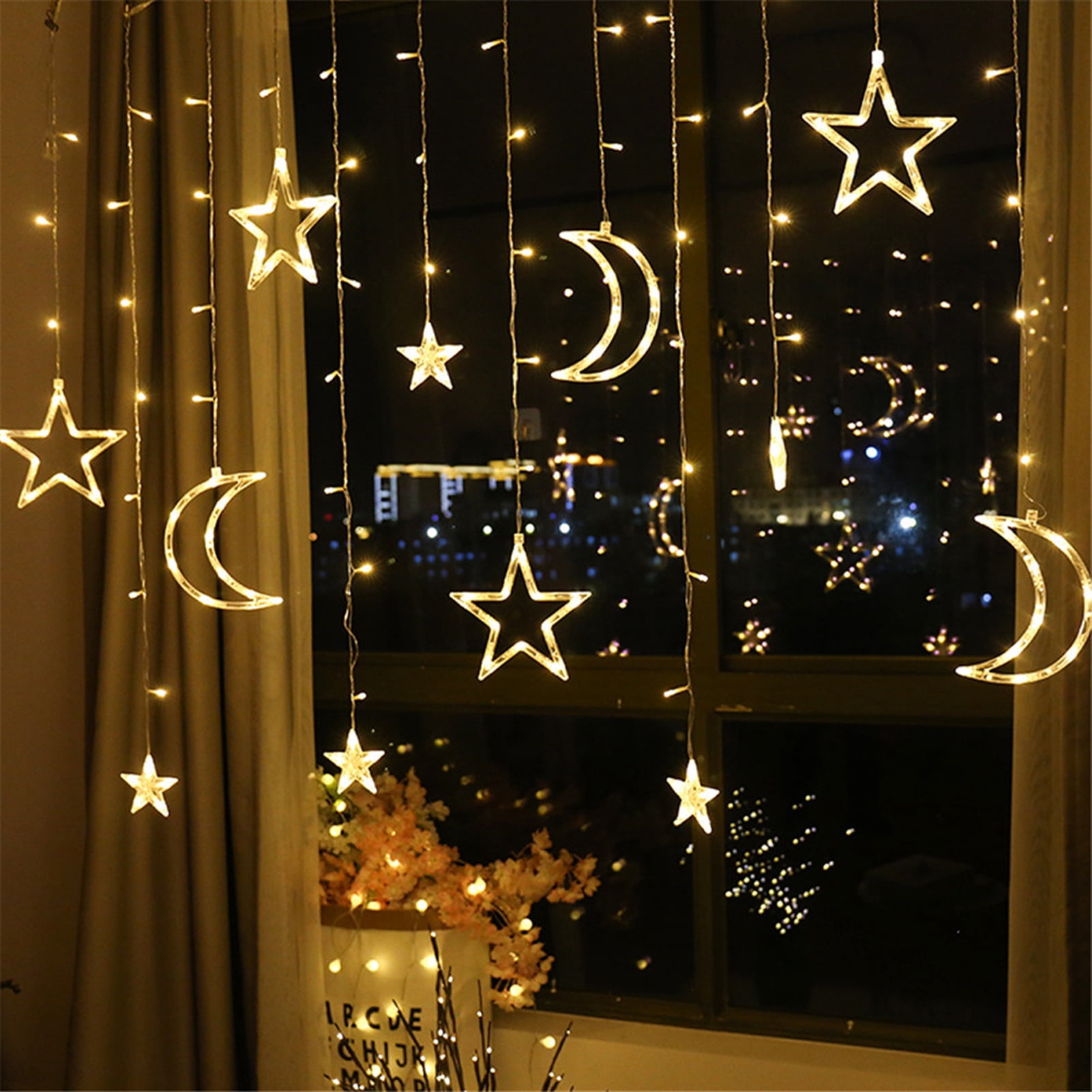 126 LED Ramadan Curtain Lights,Star Moon Curtain String Lights Romantic Ambience 2 Lighting Modes LED Curtain Lightsfor Weddings Birthdays