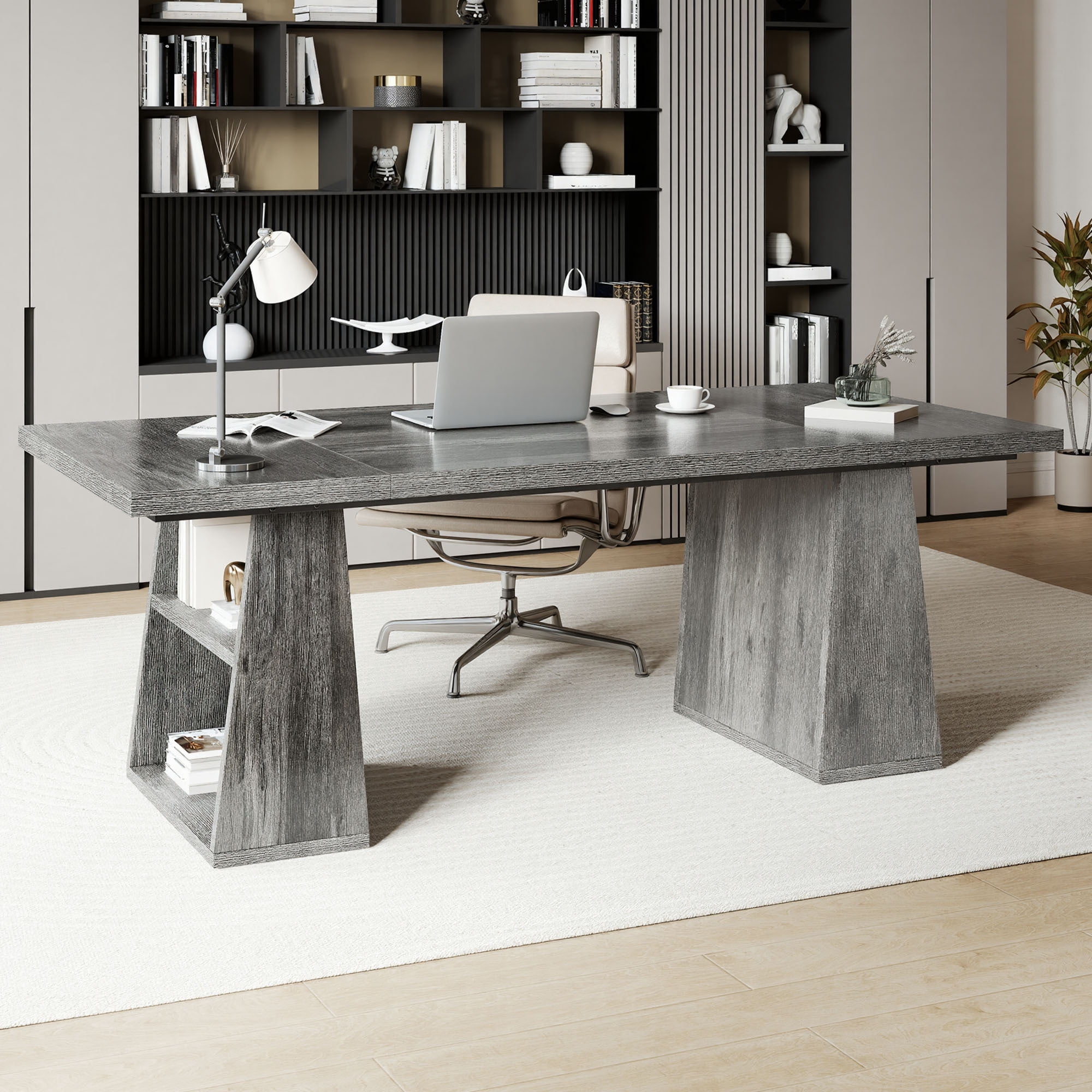 Craftian 63 inches Executive Desk with Double Pedestal and Storage Shelves, Home Office Desk Computer Desk Conference Table, Gray