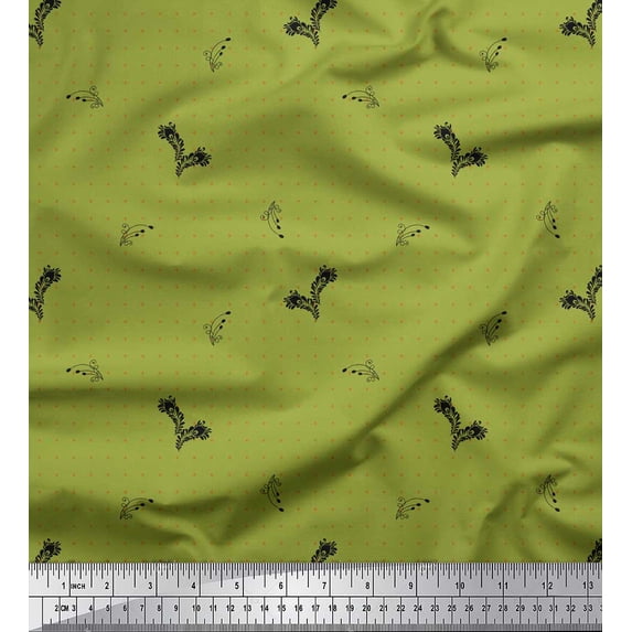 Soimoi Green Rayon Crepe Fabric Black Sketch Feather & Dots Printed Fabric 1 Yard 46 Inch Wide