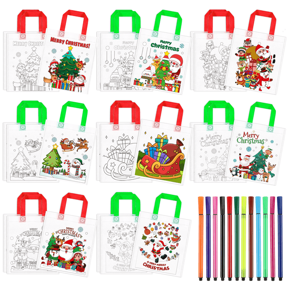 Large Christmas Canvas Bag,24pcs Merry Christmas Color Your Own Tote Bags/Christmas Canvas Tote Bag for Christmas Party 12pcs Christmas Pencils for Xmas Party Decorations
