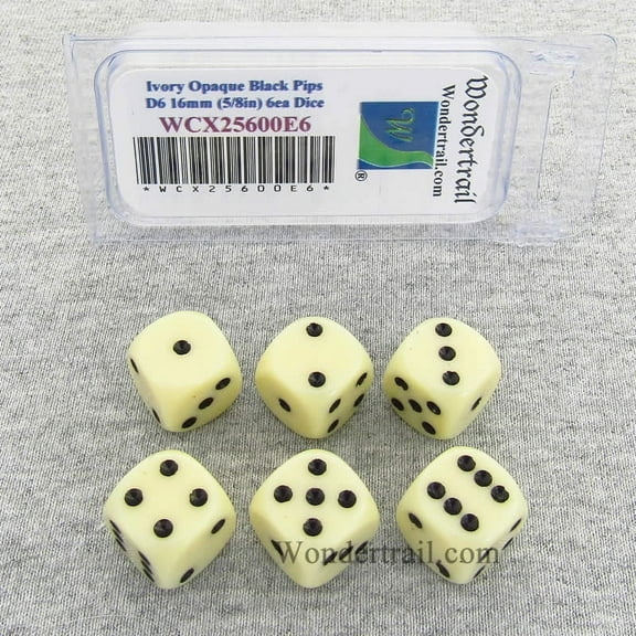 Ivory Opaque Dice with Black Pips D6 16mm (5/8in) Pack of 6 Wondertrail