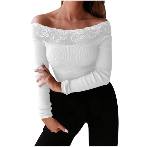 HAiming Women Long Sleeve off Shoulder Tops Solid Color Lace Patchwork Slim Ribbed Knit Shirts Casual Pullover Blouse