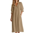 thumbnail image 2 of VBVC Women's Ruffled V Neck Puff Sleeve Maxi Dress , Summer Loose Flowy Beach Long Dress For Women , Ladies' Elbow Sleeve Relaxed Fit Dress with Pockets,Khaki,S-2XL, 2 of 8