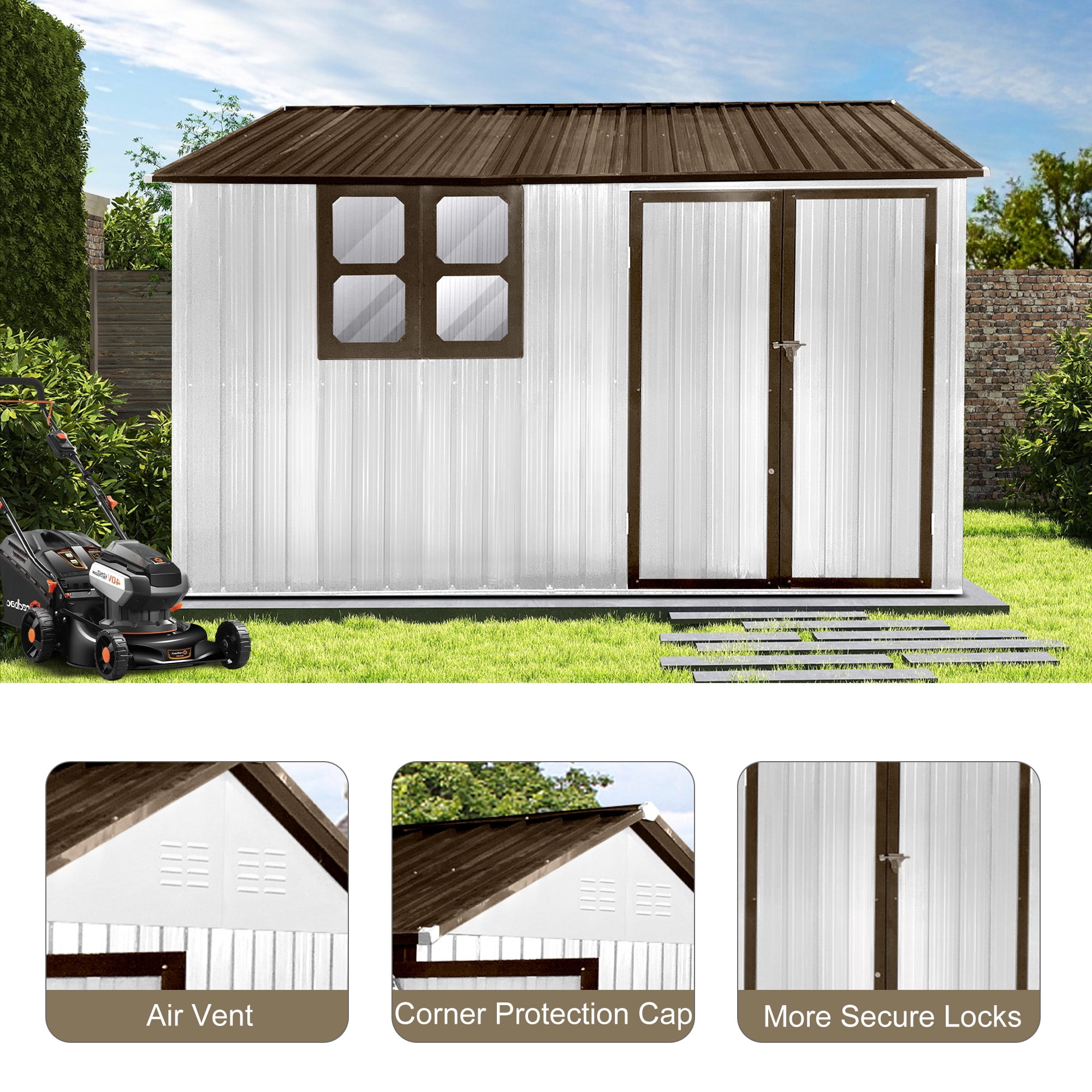 Aukfa 10FT x 8FT Outdoor Storage Shed, Metal Shed Storage with Window, Roof Slope Tool Shed with Door and Padlock for Backyards, Patio Lawns and Outdoor, White