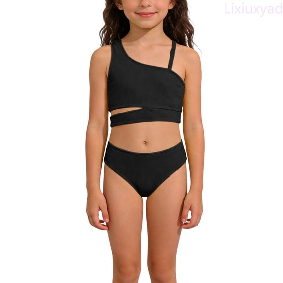 Lixiuxyad Girls Swimsuits Two Piece One Shoulder Bathing Suit with Adjustable Strap Beach Bikini Set Girls Swimwear,Sizes 9-10 Years