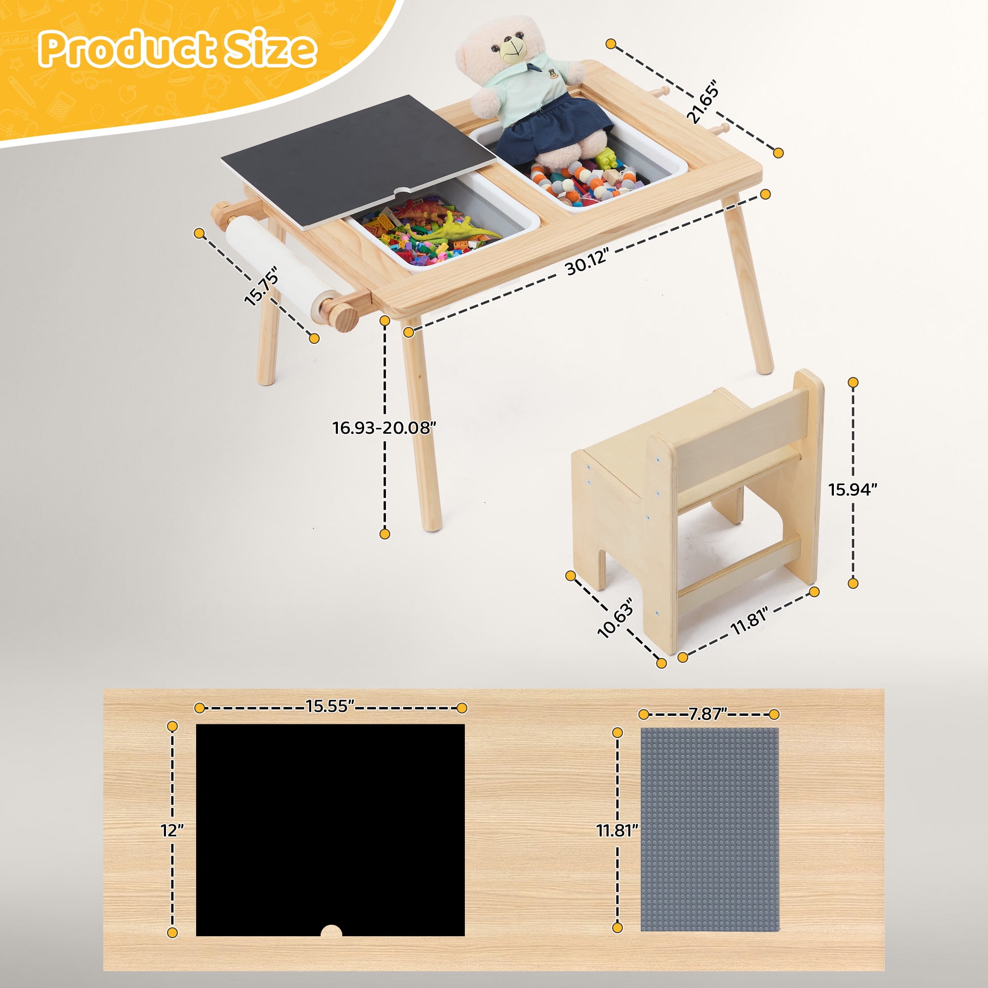 Sensory Table for Toddlers, Multi-Activity Table and Chair Set with Double-Side Graffiti Desktop, Kids Table with 2 Storage Bins & Roller Holder, Sand & Water Table with Building Block Base
