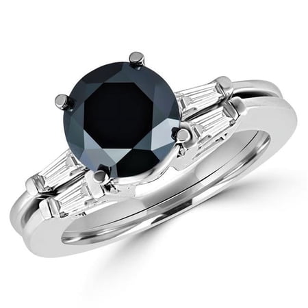MD170354-5 2.1 CTW Round Black Diamond Solitaire with Accents Engagement Ring & Wedding Band Set in 14K White Gold, Size 5