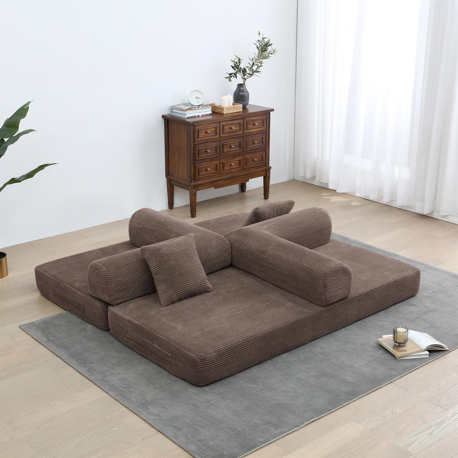 Demi Bonn 77" Convertible Sleeper Sofa Bed, Corduroy Foldable Mattress Couch with Cylindrical Pillow & Fixed Frame for Living Room, Bedroom, Brown