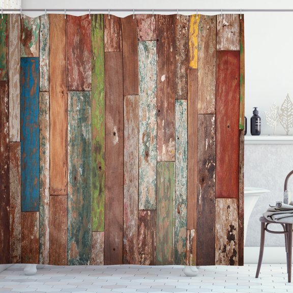Ambesonne Rustic Shower Curtain, Grunge Style Planks Design, 69"Wx75"L, Multicolor