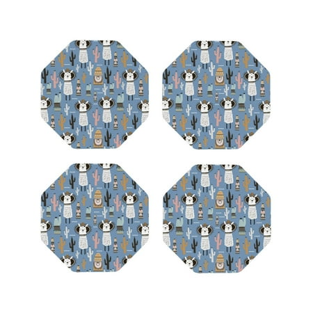 

Tebeau Llamas And Cactus Print Set of 4 Leather Drink Coasters Round Cup Mat Pad for Home and Kitchen Use 4 -Octagon