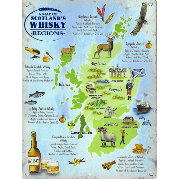 Scotland Whisky Regions Map Rustic Retro Shabby Chic Metal Tin Sign Garage Vintage Garden House Wall Decor 12X8 Inch