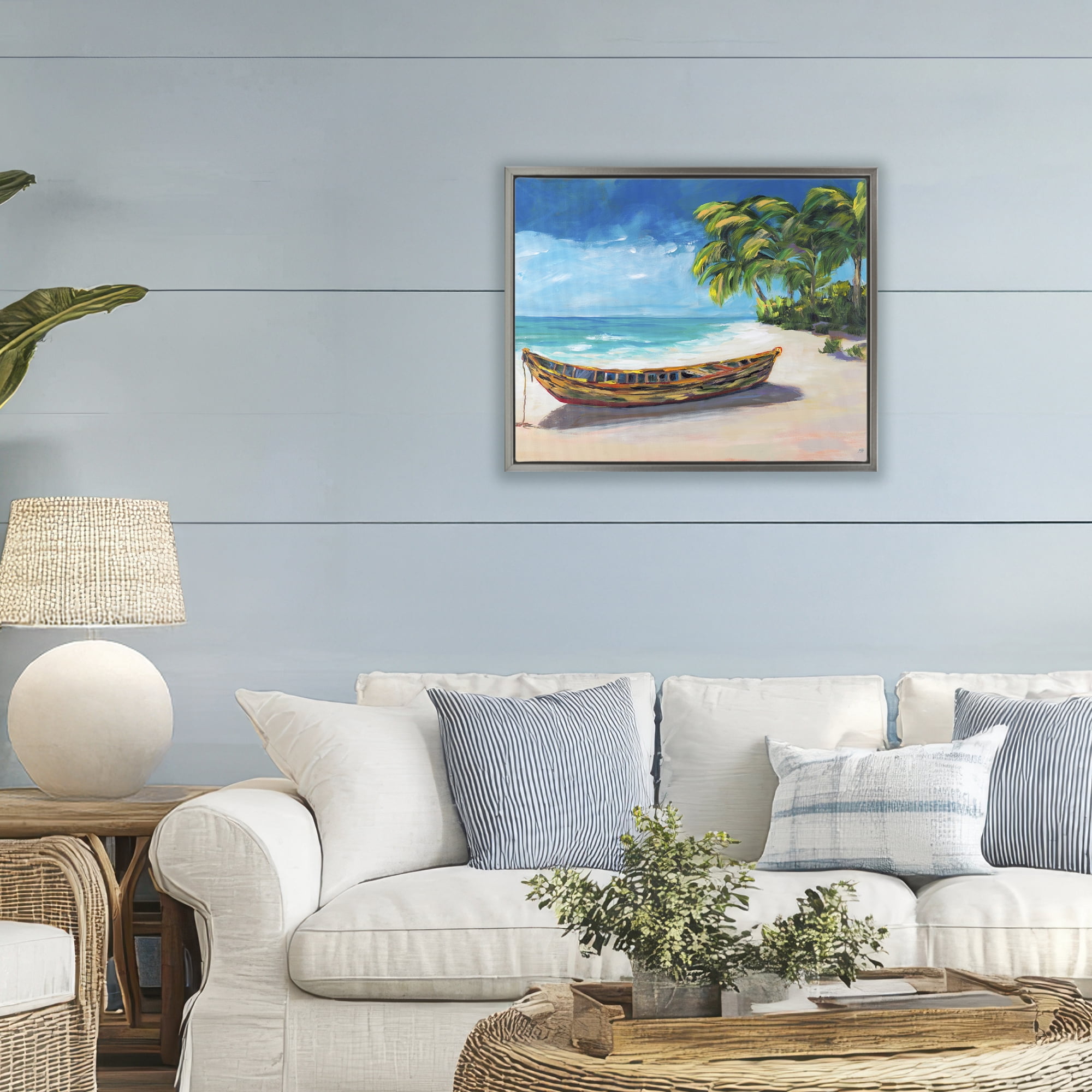 Stupell Industries Boat on Lost Island Gray Framed Floater Canvas Wall Art, design by Julie DeRice