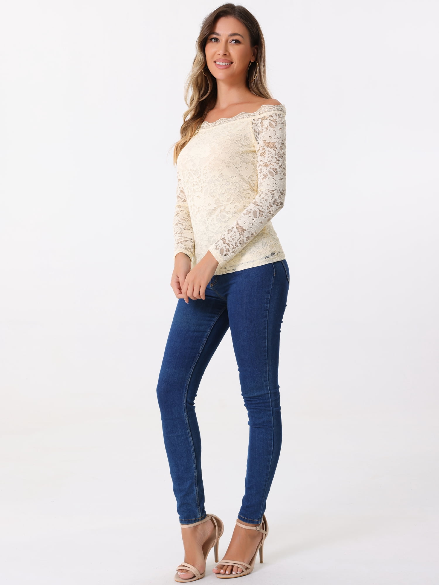 DARING DIVA Floral Lace Off Shoulder Sheer Blouse Top S Beige