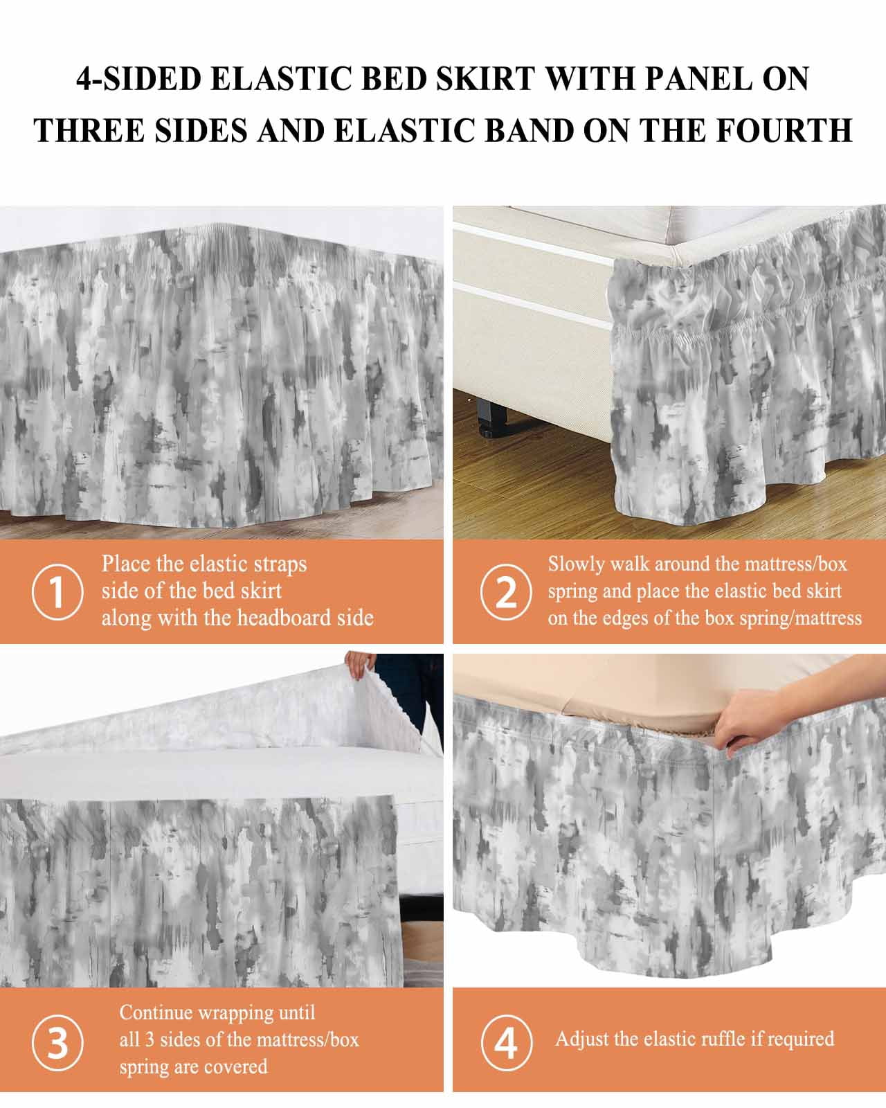 Grey Abstract Wrap Around Bed Skirts for Queen Bed 18" Drop,Bed Skirt with Adjustable Elastic Belt Dust Ruffle Bed Valance for Bedroom Hotel Luxury Modern Oil Painted Art Contemporary Bed Frame Cover