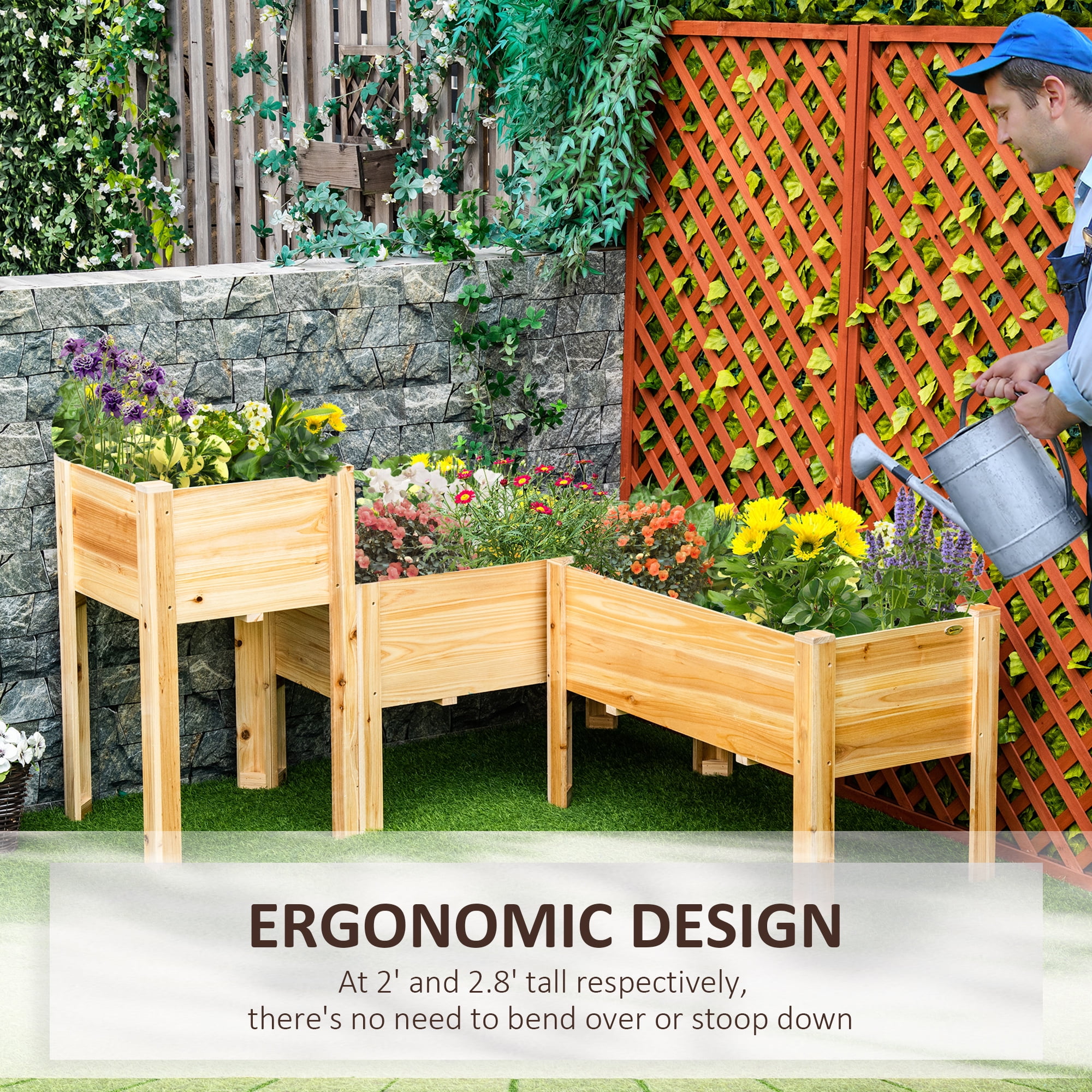 Garden Pots Outsunny Raised Garden Bed Set of 3, Wooden Elevated Planter Box with Legs and Bed Liner, for Backyard and Patio to Grow Vegetables, Herbs, and Flowers, Natural,Outdoor Garden Planters