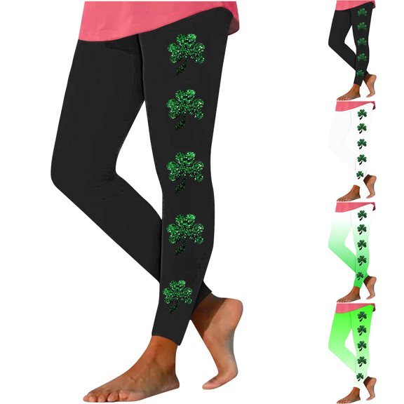 DDAPJ pyju St. Patrick's Day Leggings for Women Trendy Shamrock Print High Waisted Stretch Legging Stretchy Workout Yoga Pants Army Green L