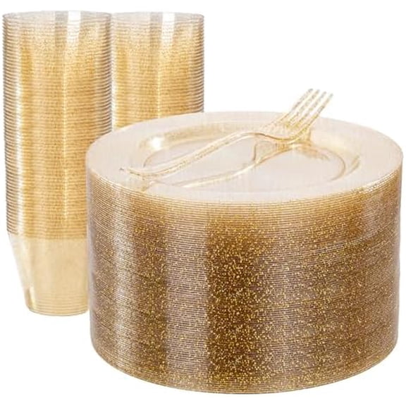 150PCS Gold Plastic Plates – Gold Glitter Disposable Dinnerware Set for 50 Guests (7.5" Dessert Plates), Includes 50 Plates, 50 Cups & 50 Forks for Wedding & Birthday Party Tableware