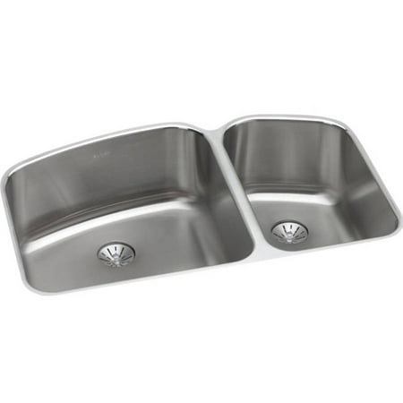 Lustertone Self Rim Double Bowl Elkay ELUH31229RPD Harmony Lustertone Stainless Steel Double Bowl Undermount Sink Kit ()