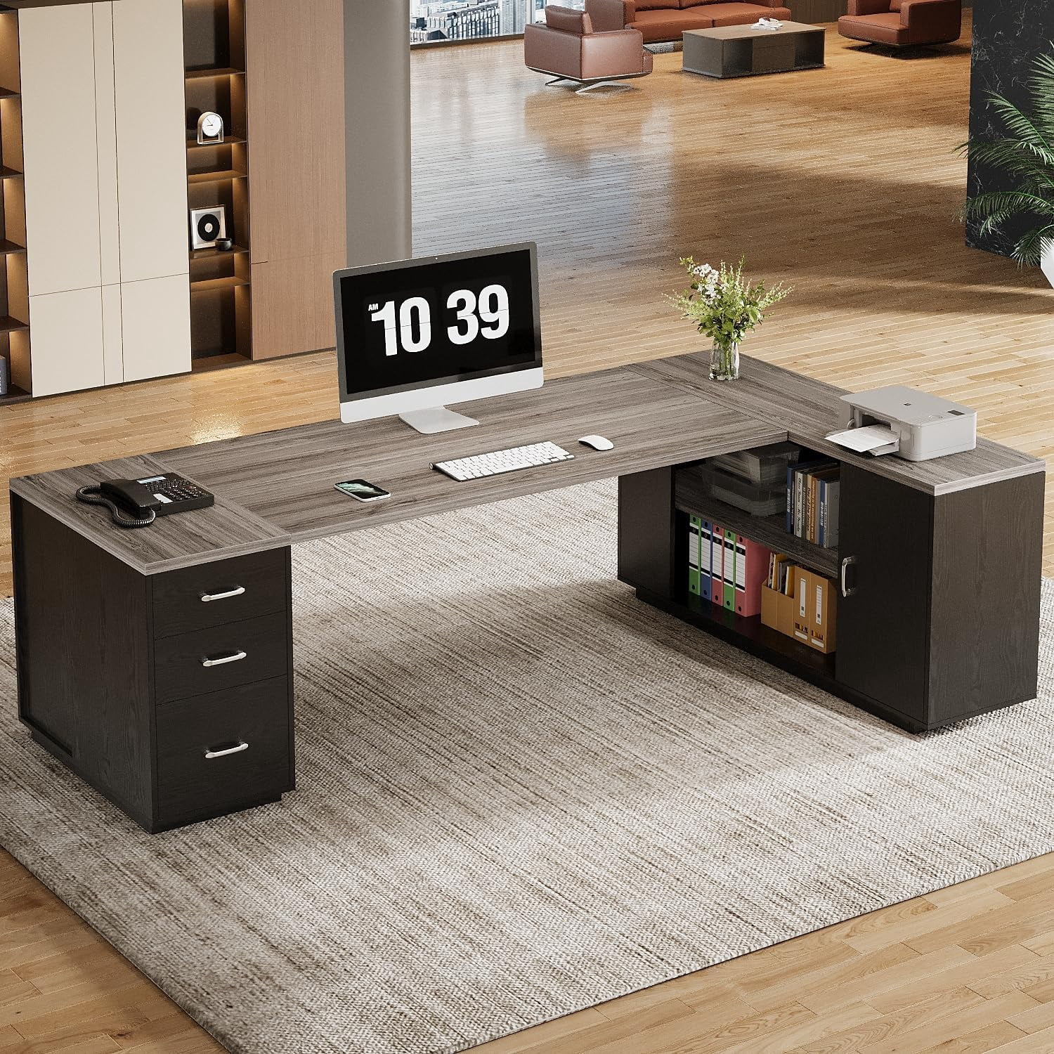 85.8-Inch L-Shaped Executive Desk with File Drawers, Door Cabinet & Shelves
