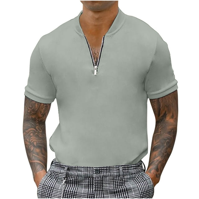 Birdeem Mode Homme Décontractée Col Montant Solide Chandail à Fermeture Éclair Manches Courtes Blouse